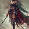 A woman in fantasy armour stands holding a bloodstained sword, with a green and red cape flowing behind her in a dramatic, painterly environment. Fantasy art poster available in A1 to A4 sizes.