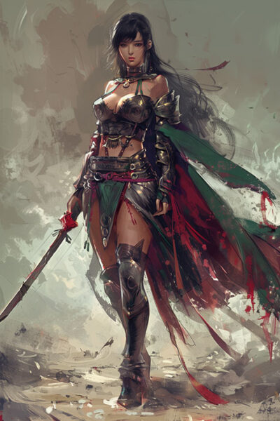 A woman in fantasy armour stands holding a bloodstained sword, with a green and red cape flowing behind her in a dramatic, painterly environment. Fantasy art poster available in A1 to A4 sizes.