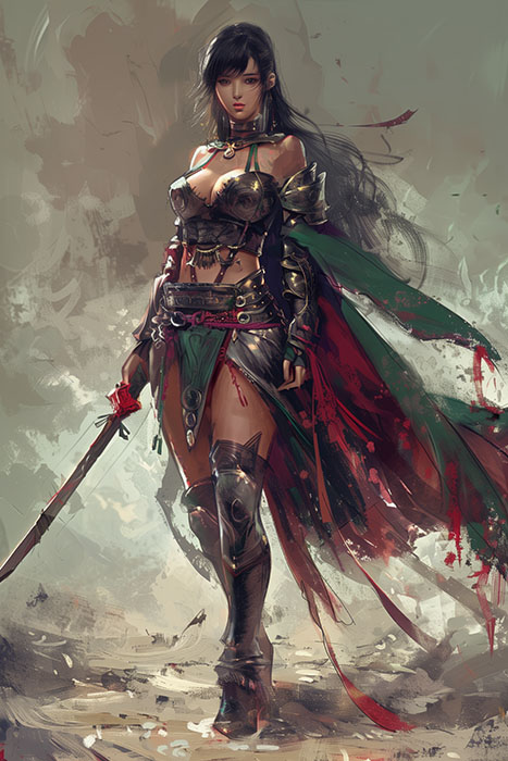 product-image A woman in fantasy armour stands holding a bloodstained sword, with a green and red cape flowing behind her in a dramatic, painterly environment. Fantasy art poster available in A1 to A4 sizes.