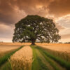 A large oak tree stands in the middle of a wheat field under a partly cloudy sky, with a green path leading toward it through the golden crops. Nature and landscape print available in A1 to A4 sizes.