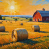 A red barn stands in a field with hay bales scattered across golden grass under a bright sun and clear sky, with distant green hills in the background. Nature and landscape print available in A1 to A4 sizes.
