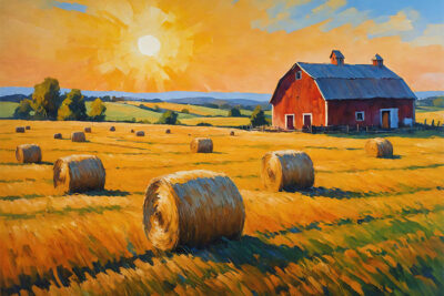 A red barn stands in a field with hay bales scattered across golden grass under a bright sun and clear sky, with distant green hills in the background. Nature and landscape print available in A1 to A4 sizes.