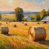 A rural landscape with large hay bales scattered across a golden field, farmhouses in the distance, and hills under a partly cloudy sky. Nature and landscape print available in A1 to A4 sizes.