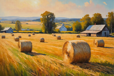 A rural landscape with large hay bales scattered across a golden field, farmhouses in the distance, and hills under a partly cloudy sky. Nature and landscape print available in A1 to A4 sizes.