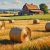 A rural scene with round hay bales scattered across a golden field, a red barn in the background, and trees and hills under a blue sky with clouds. Nature and landscape print available in A1 to A4 sizes.