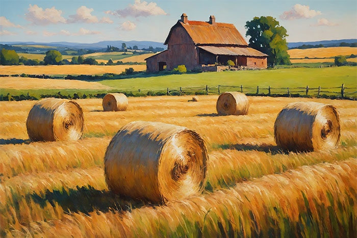 A rural scene with round hay bales scattered across a golden field, a red barn in the background, and trees and hills under a blue sky with clouds. Nature and landscape print available in A1 to A4 sizes.