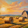 A rural landscape with large hay bales in a field, a wooden barn, and a tree under a bright sunset sky. Nature and landscape print available in A1 to A4 sizes.