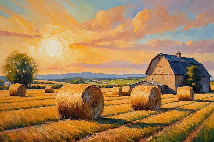 A rural landscape with large hay bales in a field, a wooden barn, and a tree under a bright sunset sky. Nature and landscape print available in A1 to A4 sizes.