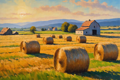 A rural landscape with round hay bales scattered across a golden field, a farmhouse and barns in the background, and distant hills under a partly cloudy sky. Nature and landscape print available in A1 to A4 sizes.