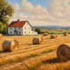A white farmhouse with a red roof stands beside a field dotted with large round hay bales under a blue sky with scattered clouds. Nature and landscape print available in A1 to A4 sizes.