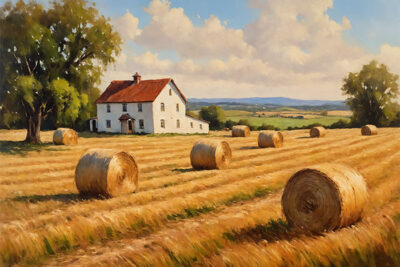 A white farmhouse with a red roof stands beside a field dotted with large round hay bales under a blue sky with scattered clouds. Nature and landscape print available in A1 to A4 sizes.
