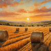 Large round hay bales scattered across a golden field at sunset, with rolling hills and a colourful sky in the background. Nature and landscape print available in A1 to A4 sizes.