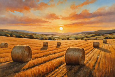 Large round hay bales scattered across a golden field at sunset, with rolling hills and a colourful sky in the background. Nature and landscape print available in A1 to A4 sizes.