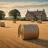 A stone farmhouse stands behind a field with large round hay bales under a partly cloudy sky, surrounded by trees and open countryside. Nature and landscape print available in A1 to A4 sizes.
