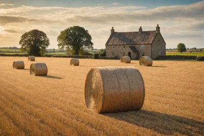 A stone farmhouse stands behind a field with large round hay bales under a partly cloudy sky, surrounded by trees and open countryside. Nature and landscape print available in A1 to A4 sizes.