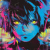 Digital illustration of an anime-style character with bright blue and pink hues, glowing yellow eyes, and headphones, set against a vibrant, abstract background. Anime art poster available in A1 to A4 sizes.