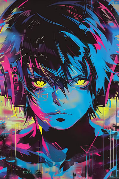 Digital illustration of an anime-style character with bright blue and pink hues, glowing yellow eyes, and headphones, set against a vibrant, abstract background. Anime art poster available in A1 to A4 sizes.