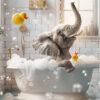 A young elephant sits in a bubble-filled bathtub surrounded by rubber ducks and floating bubbles in a bright bathroom. Cute animal poster available in A1 to A4 sizes.