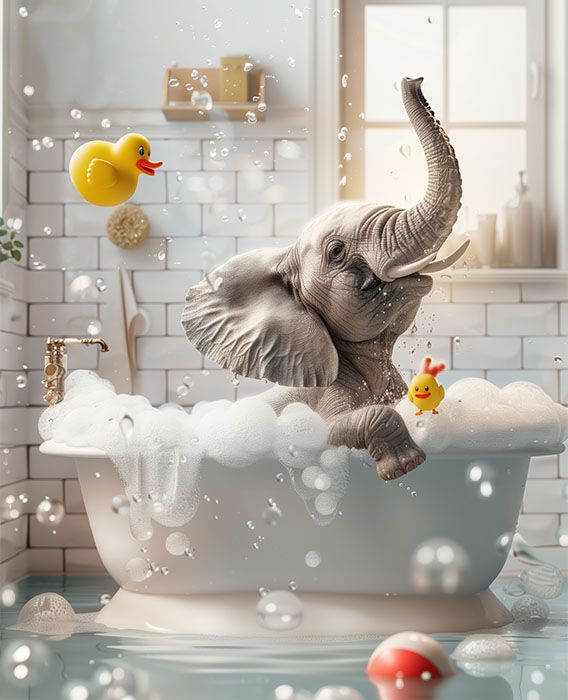 A young elephant sits in a bubble-filled bathtub surrounded by rubber ducks and floating bubbles in a bright bathroom. Cute animal poster available in A1 to A4 sizes.
