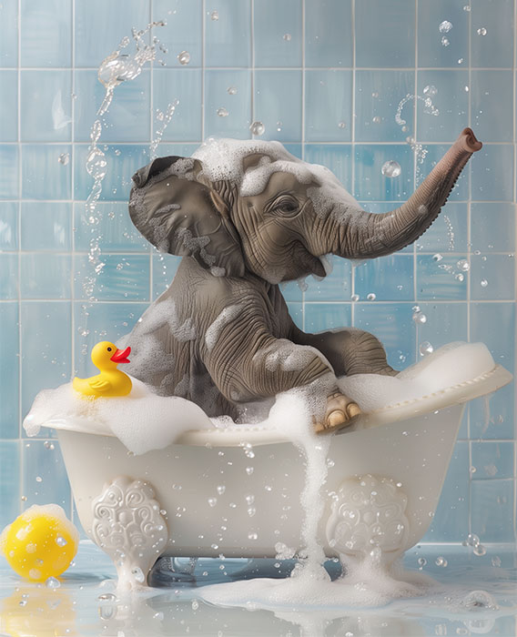product-image A baby elephant sits in a white bathtub filled with bubbles next to a yellow rubber duck, with water splashing against a blue tiled wall. Cute animal poster available in A1 to A4 sizes.