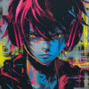 Digital artwork of an anime-style character with pink and black hair, wearing large headphones, set against a colourful, abstract graffiti background. Anime art poster available in A1 to A4 sizes.
