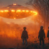 Four children stand in a misty forest at dusk, looking at a large, glowing UFO hovering above the ground, surrounded by orange light and floating embers. Fantasy art poster available in A1 to A4 sizes.