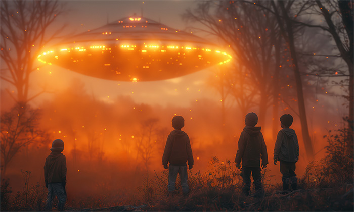 product-image-7-4 Four children stand in a misty forest at dusk, looking at a large, glowing UFO hovering above the ground, surrounded by orange light and floating embers. Fantasy art poster available in A1 to A4 sizes.