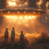 Three children and a bicycle stand in a sunlit forest, looking at a large, glowing UFO hovering above the ground, with beams of light shining down. Fantasy art poster available in A1 to A4 sizes.