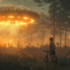 A child with a bicycle stands in a forest at dusk, looking at a large, glowing UFO hovering among the trees with lights shining down. Fantasy art poster available in A1 to A4 sizes.