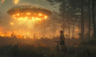 A child with a bicycle stands in a forest at dusk, looking at a large, glowing UFO hovering among the trees with lights shining down. Fantasy art poster available in A1 to A4 sizes.