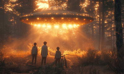 Three children and a bicycle stand in a sunlit forest, looking at a large, glowing UFO hovering above the ground, with beams of light shining down. Fantasy art poster available in A1 to A4 sizes.