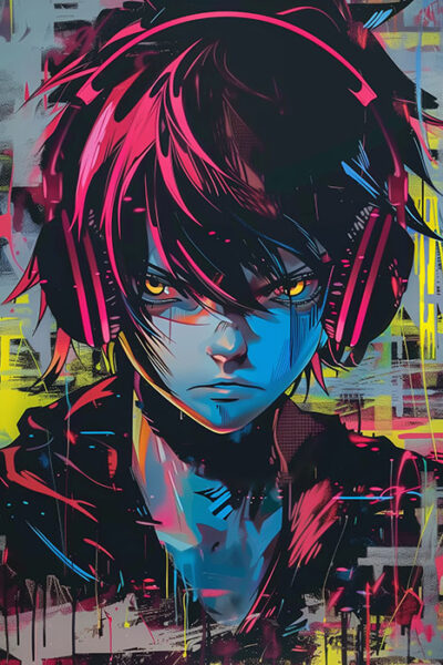 Digital artwork of an anime-style character with pink and black hair, wearing large headphones, set against a colourful, abstract graffiti background. Anime art poster available in A1 to A4 sizes.