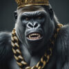A gorilla wearing a gold crown and a thick gold chain, baring its teeth, against a dark background. Gorilla poster available in A1 to A4 sizes.