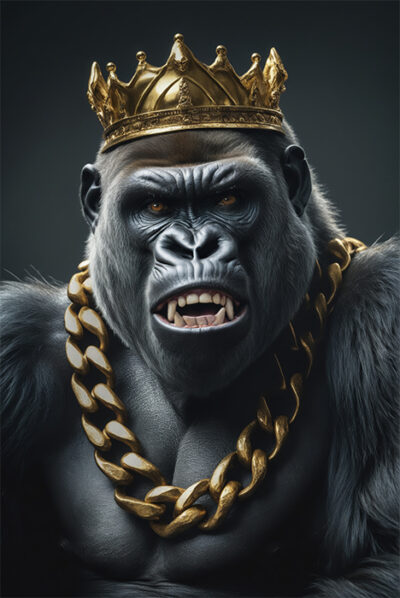 A gorilla wearing a gold crown and a thick gold chain, baring its teeth, against a dark background. Gorilla poster available in A1 to A4 sizes.