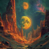 A surreal, rocky desert landscape under a starry sky with four large, glowing moons aligned vertically above the horizon. Sci-fi art poster available in A1 to A4 sizes.