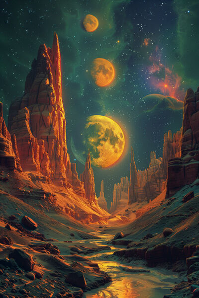 A surreal, rocky desert landscape under a starry sky with four large, glowing moons aligned vertically above the horizon. Sci-fi art poster available in A1 to A4 sizes.