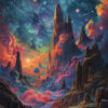 Colourful, surreal landscape with tall rocky spires, glowing clouds, and a starry sky filled with planets and nebulae. Sci-fi art poster available in A1 to A4 sizes.