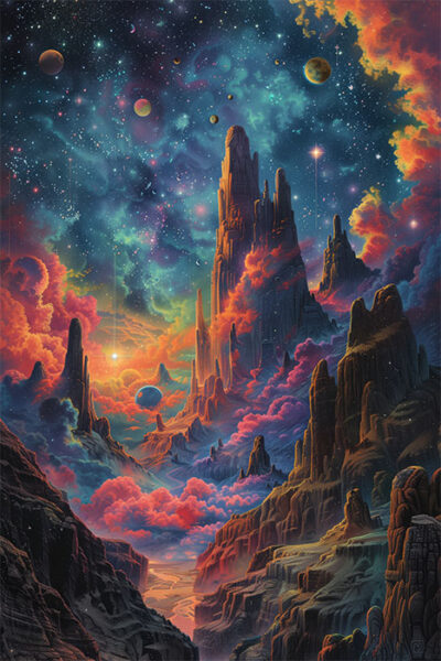 Colourful, surreal landscape with tall rocky spires, glowing clouds, and a starry sky filled with planets and nebulae. Sci-fi art poster available in A1 to A4 sizes.