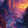 A vibrant alien landscape with jagged mountains, glowing lava river, two moons, and a bright, fiery sky with beams of light descending. Sci-fi art poster available in A1 to A4 sizes.