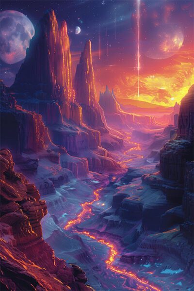 A vibrant alien landscape with jagged mountains, glowing lava river, two moons, and a bright, fiery sky with beams of light descending. Sci-fi art poster available in A1 to A4 sizes.