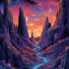 A winding river flows through a rocky alien landscape with tall spires, purple and orange hues, and multiple planets visible in a star-filled sky. Sci-fi art poster available in A1 to A4 sizes.
