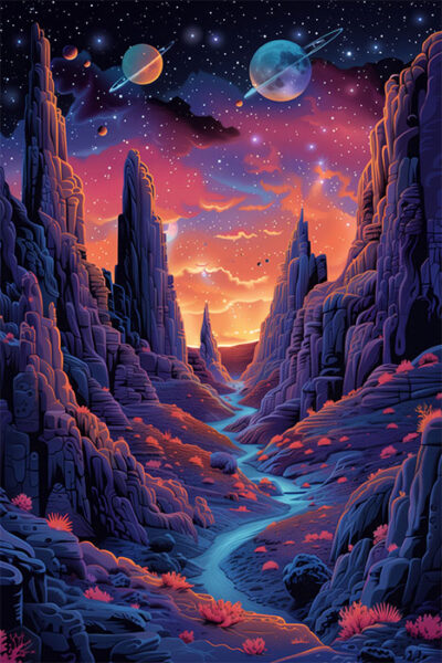 A winding river flows through a rocky alien landscape with tall spires, purple and orange hues, and multiple planets visible in a star-filled sky. Sci-fi art poster available in A1 to A4 sizes.