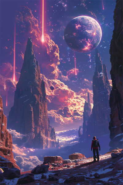 A person stands in a rocky canyon under a dramatic sky with tall peaks, glowing meteors, and a large planet visible amid colourful clouds. Sci-fi art poster available in A1 to A4 sizes.