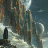 A lone figure in a cloak stands on rocky terrain before towering cliffs, with multiple moons and planets visible in a cloudy, otherworldly sky. Sci-fi art poster available in A1 to A4 sizes.