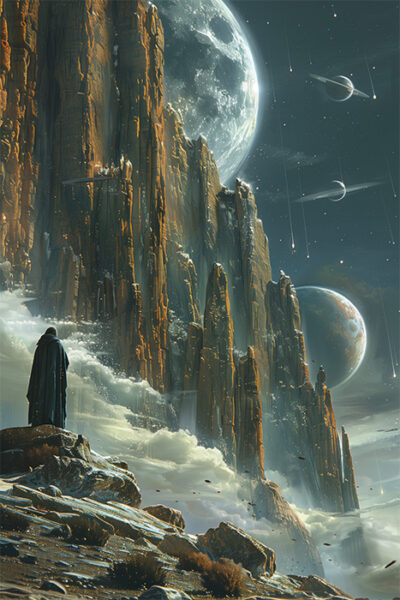 A lone figure in a cloak stands on rocky terrain before towering cliffs, with multiple moons and planets visible in a cloudy, otherworldly sky. Sci-fi art poster available in A1 to A4 sizes.