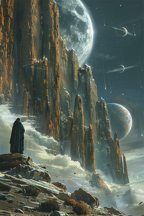 product-image A lone figure in a cloak stands on rocky terrain before towering cliffs, with multiple moons and planets visible in a cloudy, otherworldly sky. Sci-fi art poster available in A1 to A4 sizes.