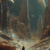 A cloaked figure stands in a rocky desert canyon under a dramatic sky with multiple planets and spaceships visible above towering rock formations. Sci-fi art poster available in A1 to A4 sizes.