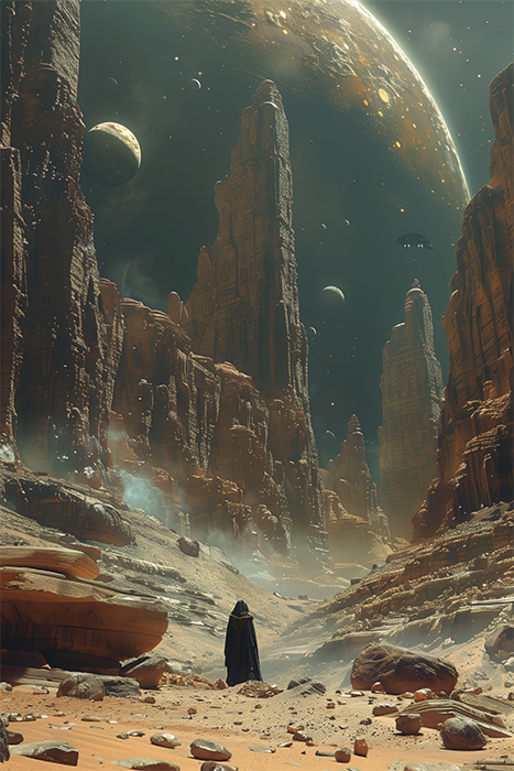 product-image A cloaked figure stands in a rocky desert canyon under a dramatic sky with multiple planets and spaceships visible above towering rock formations. Sci-fi art poster available in A1 to A4 sizes.
