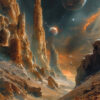 A lone figure walks through a rocky, alien landscape with tall spires; several planets and glowing celestial bodies fill the dramatic sky above. Sci-fi art poster available in A1 to A4 sizes.