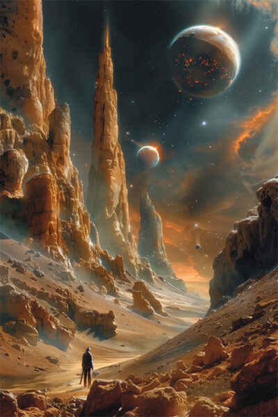 A lone figure walks through a rocky, alien landscape with tall spires; several planets and glowing celestial bodies fill the dramatic sky above. Sci-fi art poster available in A1 to A4 sizes.